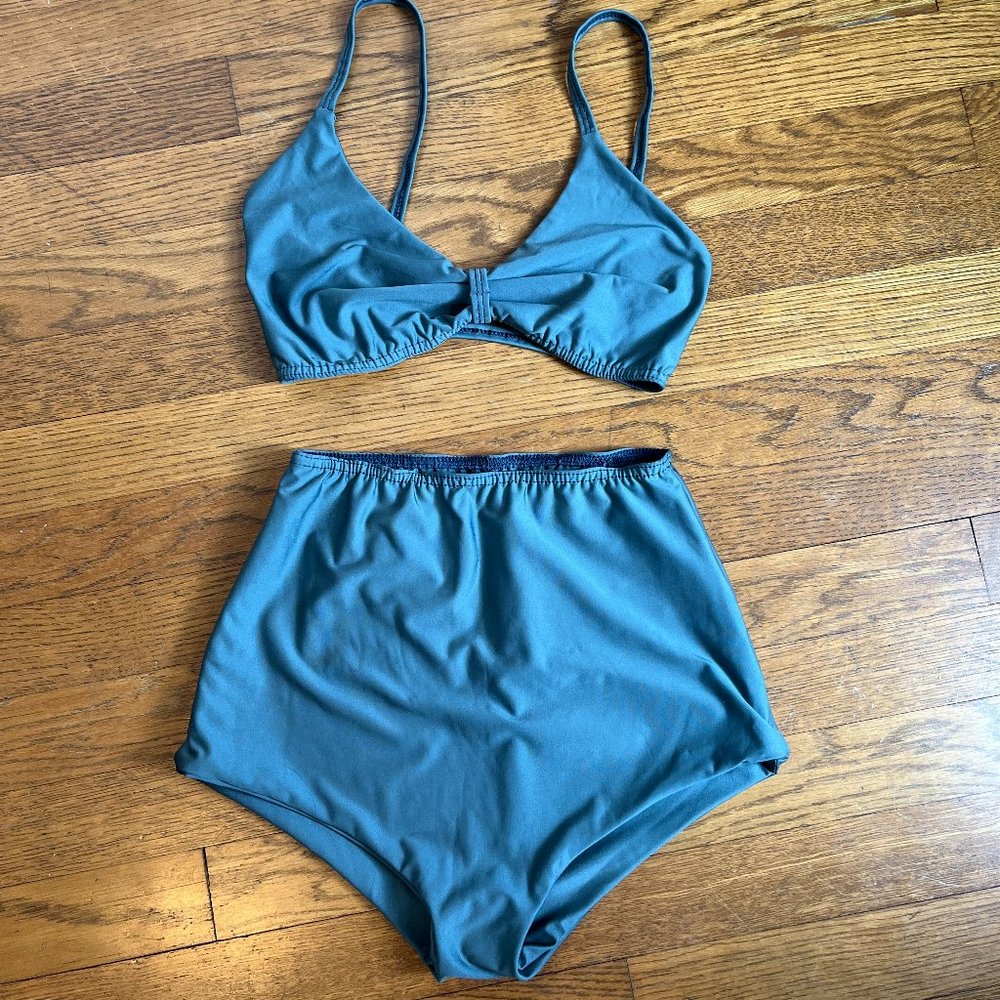 Like New High-Waisted Swim Bottoms & Skinny Knot Bikini Top in Storm